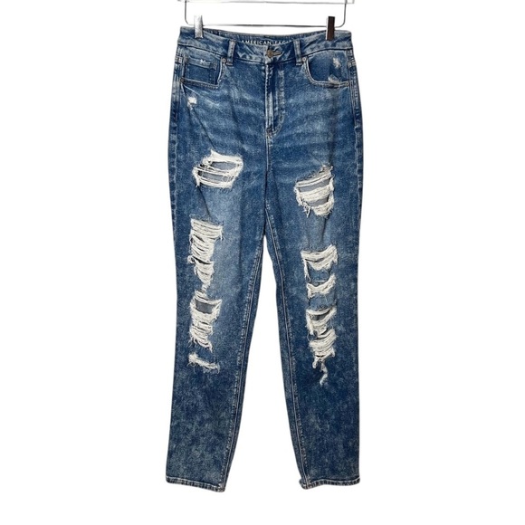 American Eagle Curvy Mom High Rise Super Distressed Stretch Jeans Sz 8 Long - Picture 1 of 11